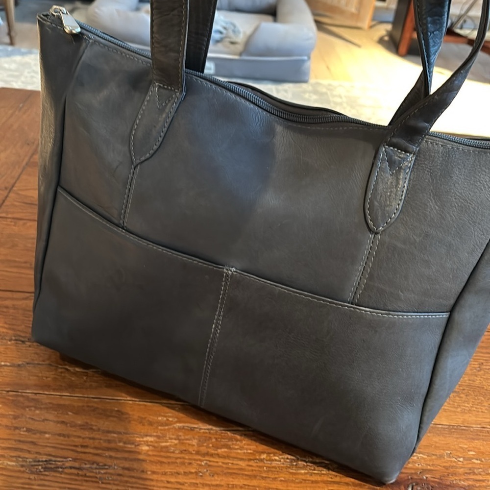 Le Donne Leather Collection Shoulder Bag Medium Size Purse Gray Zip Pocket - Picture 3 of 11